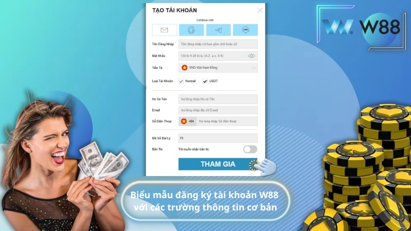 Biểu mẫu đăng ký tài khoản W88 với các trường thông tin cơ bản