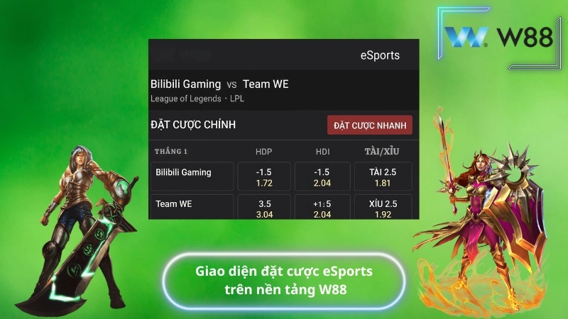 Giao diện đặt cược eSports trên nền tảng W88